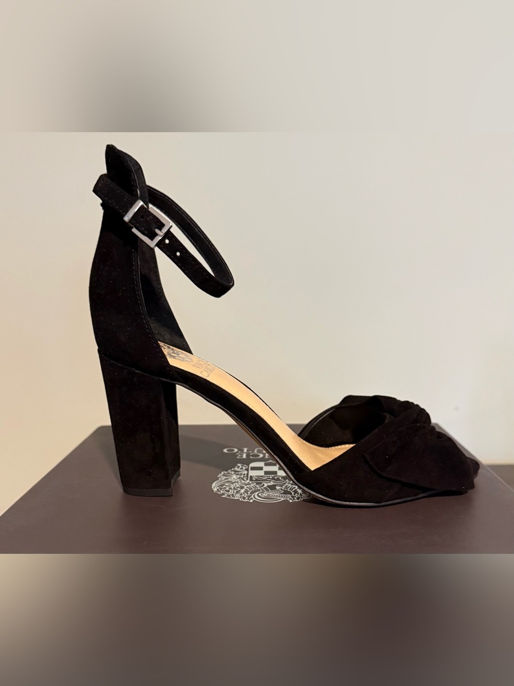 Vince Camuto Black Suede Block Heel Ankle Strap Pump